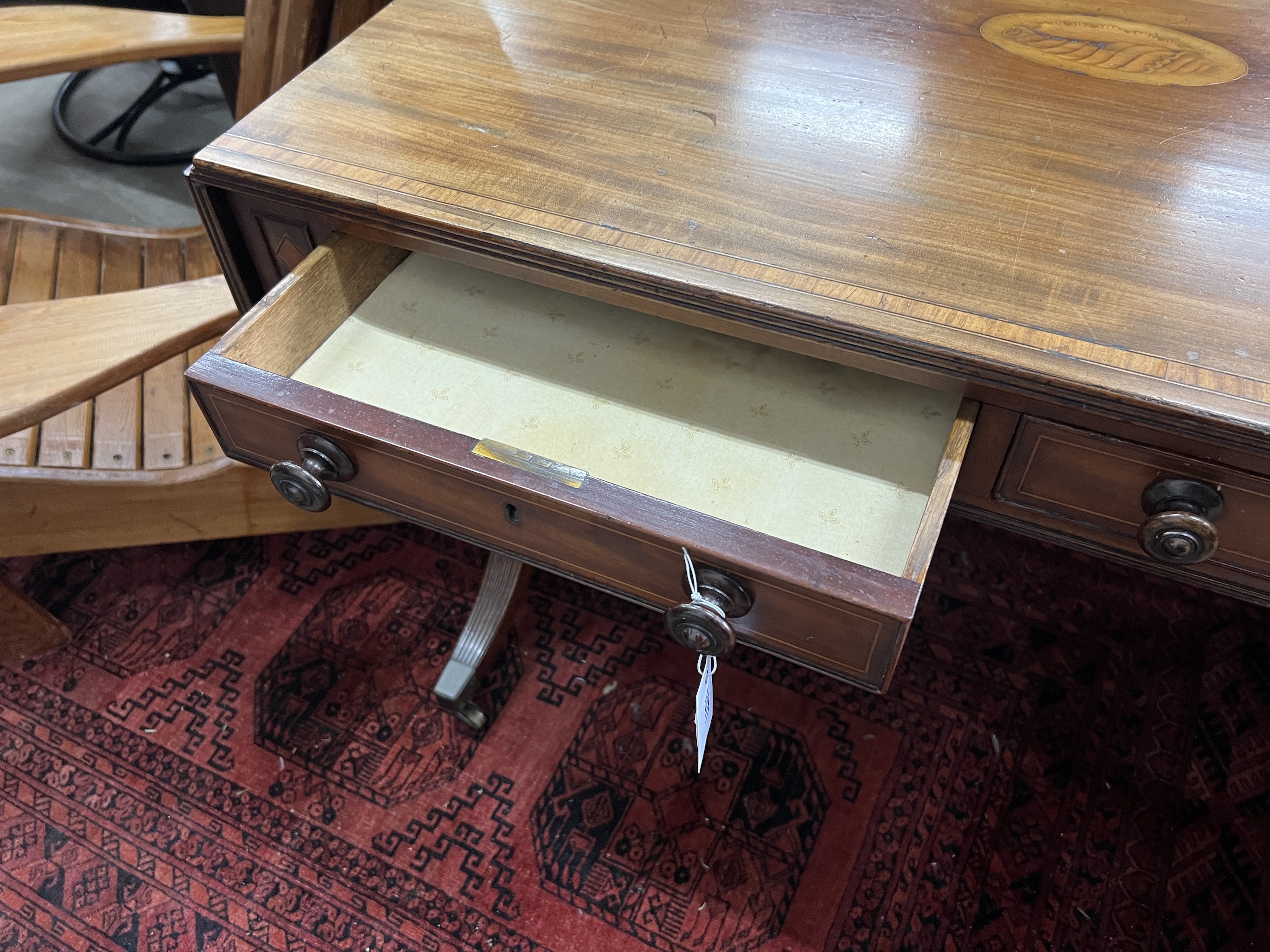A George III satinwood banded and inlaid mahogany sofa table, width 97cm, depth 63cm, height 72cm